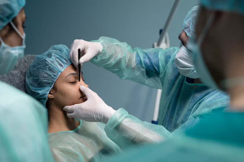 Side view doctor checking patient before rhinoplasty
